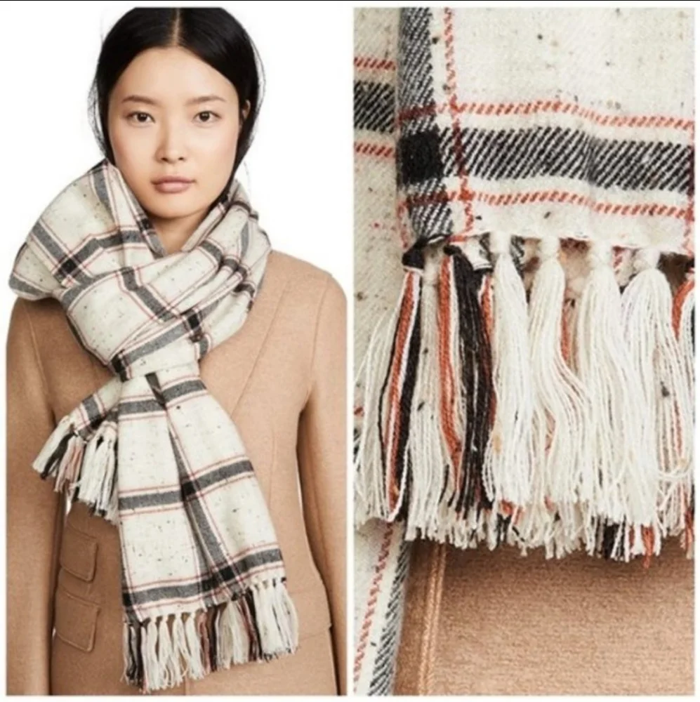 Madewell Hanstone Plaid Knotted Fringe Beige Cream Scarf - Picture 7 of 7